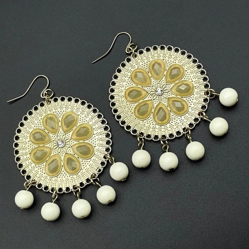 Yellow Gold with Champagne Crystal and White Beaded Medallion Hook Earrings